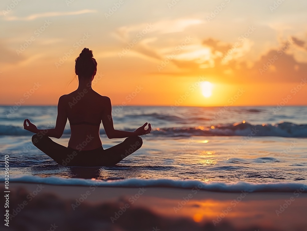 Relaxing yoga pose on the beach at sunset Relaxing yoga pose on the beach at sunset