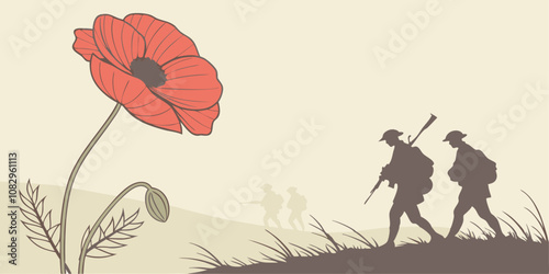 Vector illustration of soldiers walking past a large poppy flower symbolizing remembrance and sacrifice