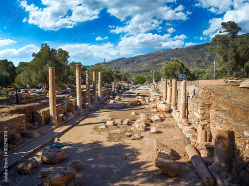 Ruins of the ancient city of Nysa in Aydın, Turkey, featuring remnants of classical architecture photo