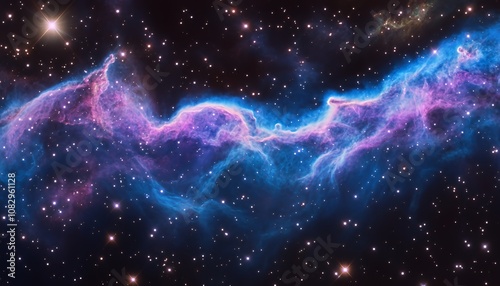 A vibrant nebula in space, with swirling clouds of gas and dust in shades of blue and pink, illuminated by bright stars.