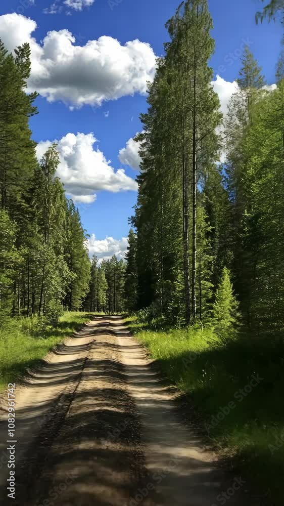A dirt road winds through a forest on a sunny day A dirt road winds through a forest on a sunny day