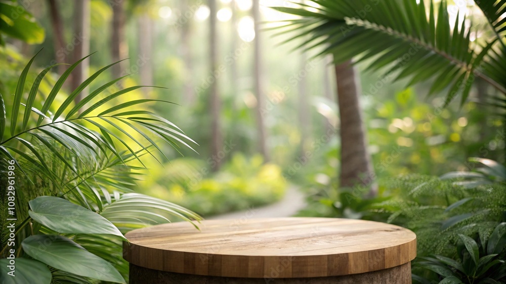 A wooden table stands in a lush tropical forest, surrounded by blurred green palm leaves and vibrant nature. A wooden table stands in a lush tropical forest, surrounded by blurred green palm leaves and vibrant nature.