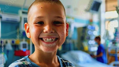 In the midst of medical treatment, a brave young child with a shaved head smiles happily in a hospital room, with a hospital bed and medical equipment in the backdrop.