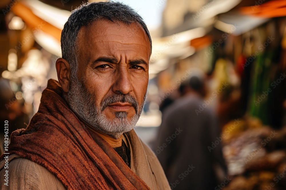Fototapeta premium Middle-aged medieval merchant, serious expression, Middle Eastern appearance, traditional tunic, busy marketplace, afternoon sunlight, medium close-up 1