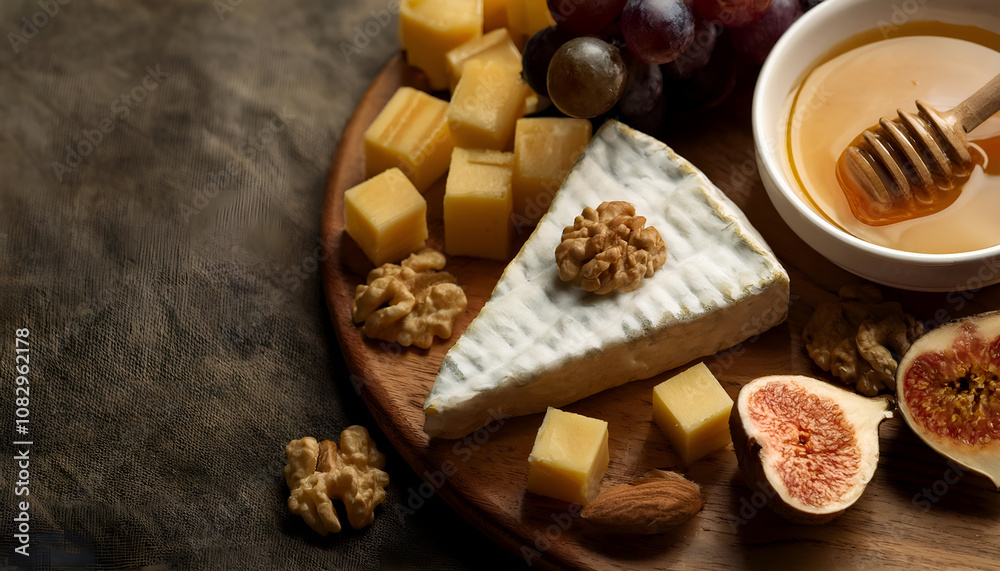 A gourmet cheese platter featuring a variety of cheeses, honey, figs, walnuts, grapes, and berries, elegantly displayed on a rustic wooden board, evoking a sense of indulgence and sophistication. A gourmet cheese platter featuring a variety of cheeses, honey, figs, walnuts, grapes, and berries, elegantly displayed on a rustic wooden board, evoking a sense of indulgence and sophistication.