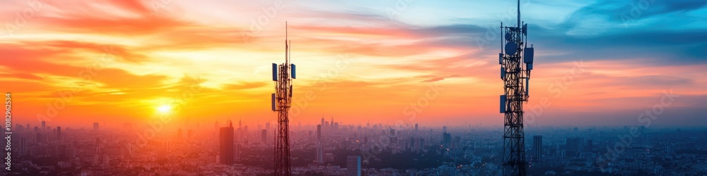 Silhouetted Telecommunication Towers Against a Fiery Sunset Sky in an Urban Skyline Silhouetted Telecommunication Towers Against a Fiery Sunset Sky in an Urban Skyline