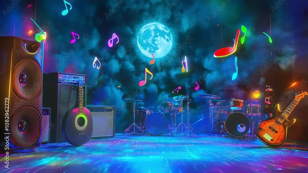 Music reggae scene featuring illuminated dance floor with vibrant colors. Musical notes air. Full moon and colorful lights illuminating. Bass guitar, drums, and electric guitar on background