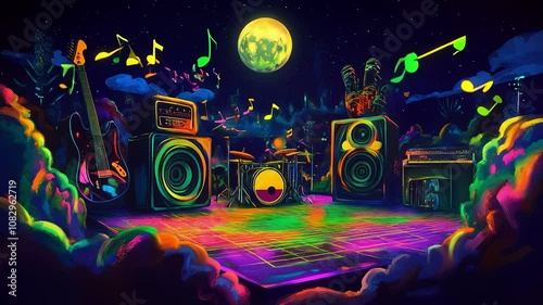 Music reggae scene featuring illuminated dance floor with vibrant colors. Musical notes air. Full moon and colorful lights illuminating. Bass guitar, drums, and electric guitar on background