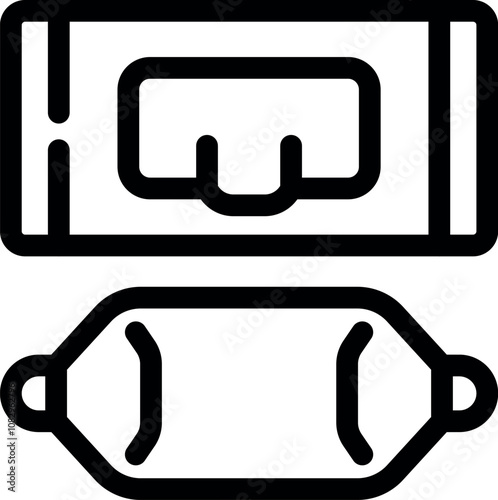 Simple line icon representing a pack of wet wipes with its resealable sticker and a single wipe ready to use