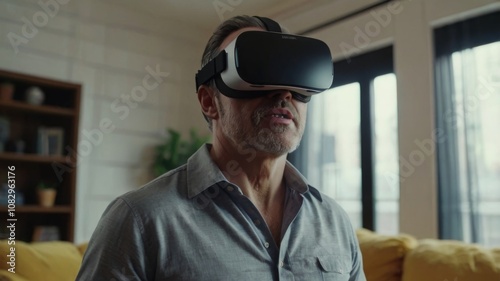 Obraz na płótnie Adult man wearing VR virtual reality glasses playing on the sofa in the room w salonie