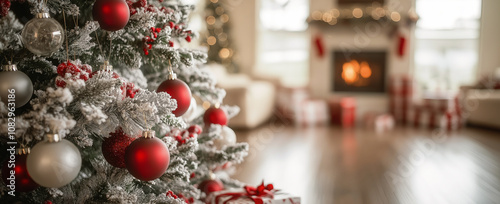 Decorated Christmas tree with red and silver ornaments in cozy living room with fireplace, wrapped presents, and warm bokeh lighting creating festive holiday atmosphere.