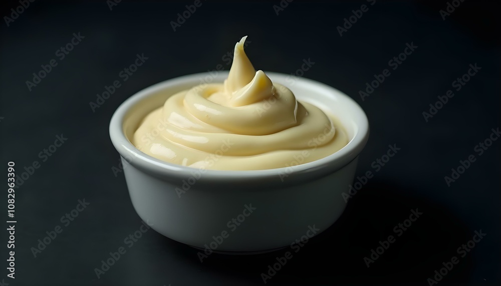 simple mayonnaise in a minimalist white ramekin, isolated on a rich black background, emphasizing the creamy consistency create with ai simple mayonnaise in a minimalist white ramekin, isolated on a rich black background, emphasizing the creamy consistency create with ai