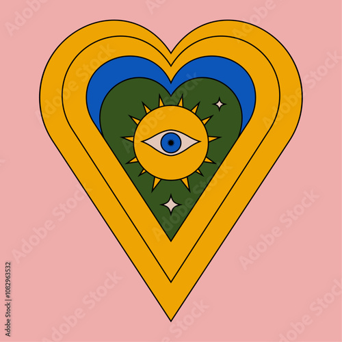 Retro Heart with Eye and Sunburst Symbol 
