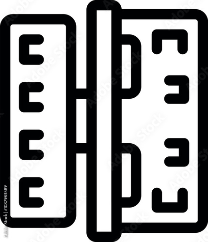 Network hardware patch panel cable management and server rack being connected, in black and white line art icon vector