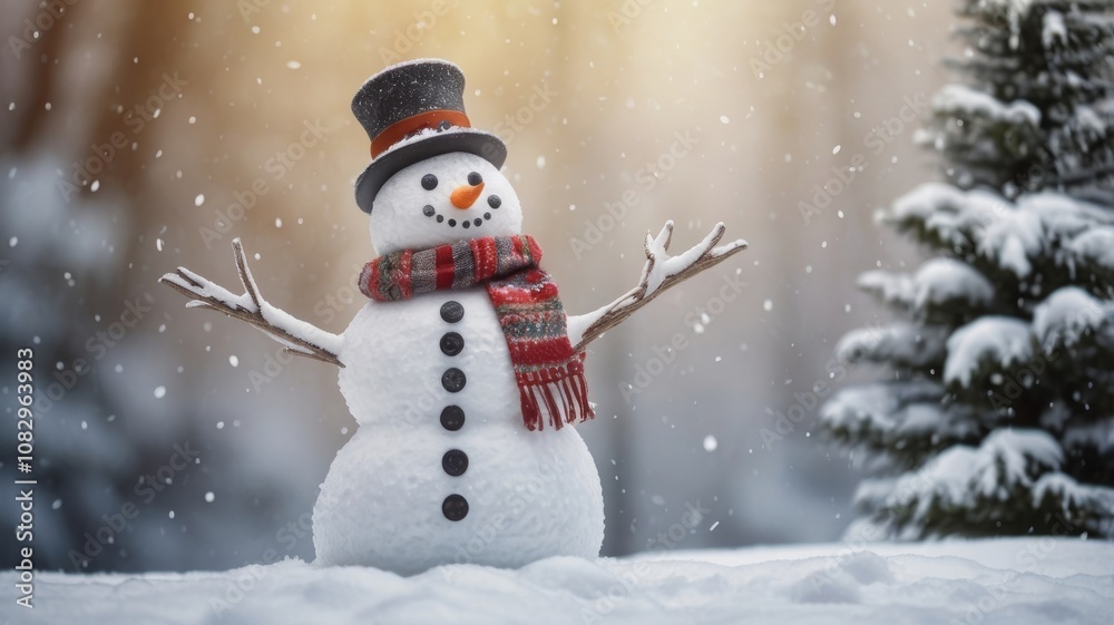 Happy cartoon snowman standing in a winter Christmas landscape. Merry Christmas and Happy New Year card with copy space. Snow background