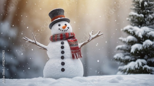 Obraz na płótnie Happy cartoon snowman standing in a winter Christmas landscape. Merry Christmas and Happy New Year card with copy space. Snow background w salonie