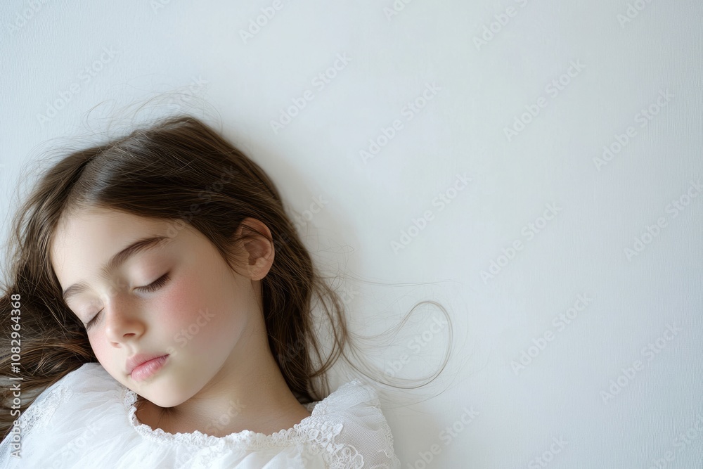 Peaceful Girl Asleep Against a Bright White Wall, Ideal for Copy Space and Soft Tulle Accents Peaceful Girl Asleep Against a Bright White Wall, Ideal for Copy Space and Soft Tulle Accents