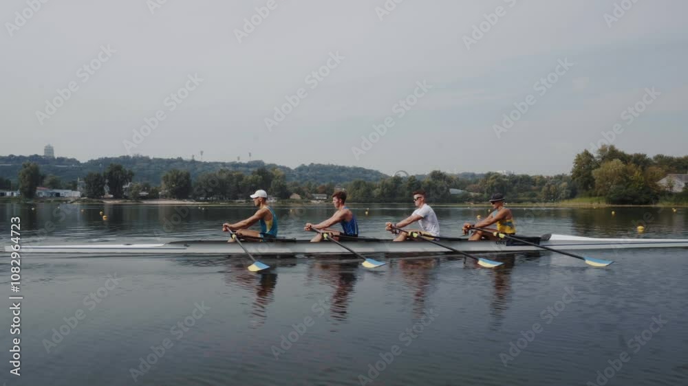 Rowing team training. Side view of 4 young caucasian male rowers, during a rowing practice, athlete sitting in a boat in the river Dnipro, rows through a calm water in autumn. 4k footage. City area in