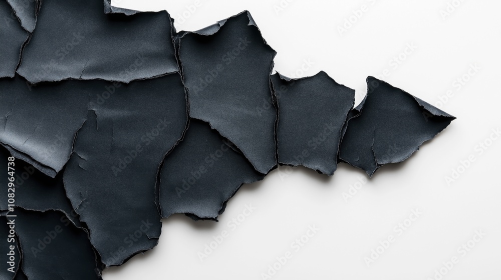 Abstract arrangement of overlapping torn black paper sheets against a white background, creating a textured and layered visual effect.