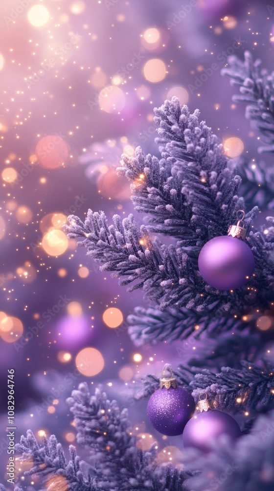 Fototapeta premium Lavender bokeh background with christmas tree ornaments border
