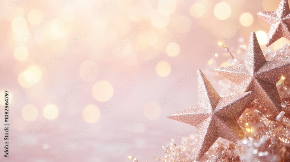 Starry christmas border on light pink with bokeh effect