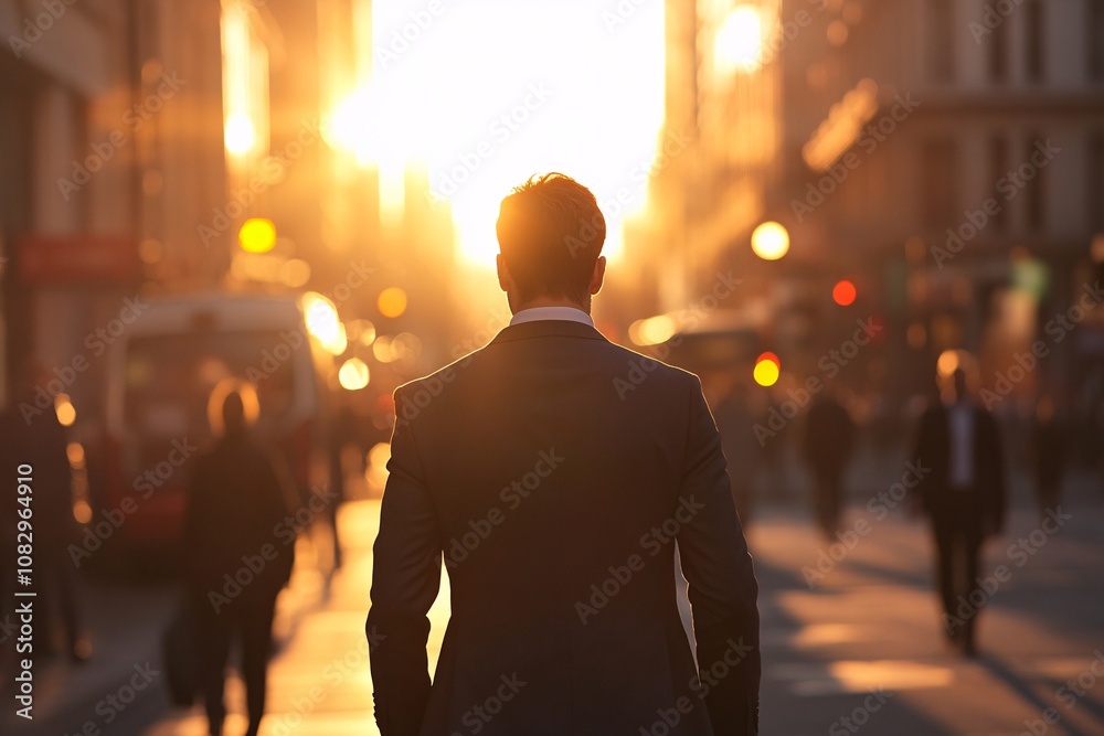 Businessman walking down a busy city street at sunset, viewed from behind, wearing a suit, glowing warm sunlight, medium close-up, calm and confident expression 6 Businessman walking down a busy city street at sunset, viewed from behind, wearing a suit, glowing warm sunlight, medium close-up, calm and confident expression 6