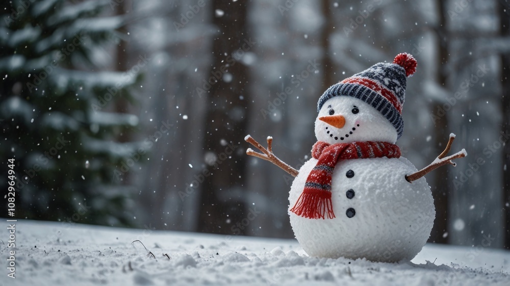 Happy cartoon snowman standing in a winter Christmas landscape. Merry Christmas and Happy New Year card with copy space. Snow background