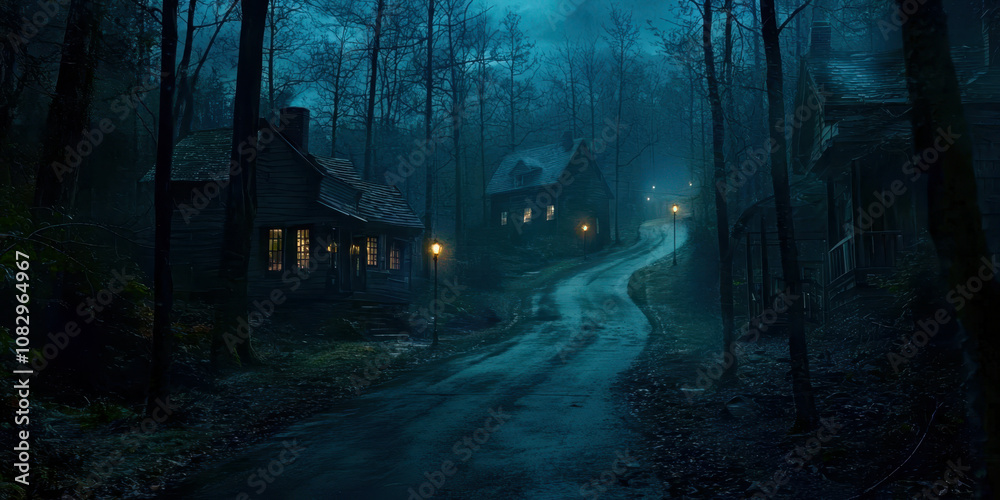 A dark forest with a road leading to a small village A dark forest with a road leading to a small village