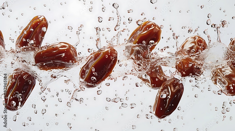 A scattering of dates frozen in motion, isolated on a white background, each one showing natural textures and tones in high clarity