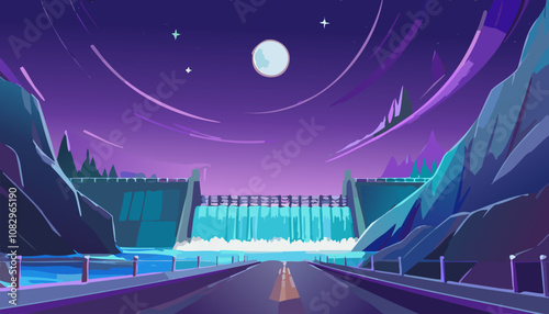Night dam landscape with road and waterfalls. Vector illustration in cartoon style