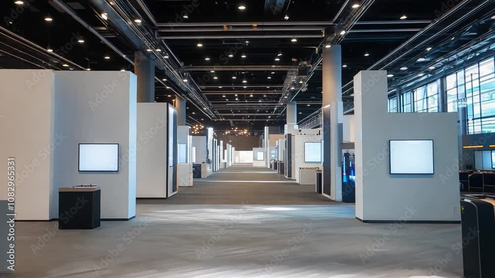 An expansive exhibition hall features rows of blank display panels in preparation for an upcoming major business event in the city