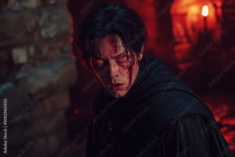 Fototapeta premium Fierce Vampire with Red Eyes in Dark Setting