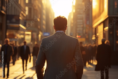 Back view of a businessman strolling down a busy street in a business district at sunset, wearing a gray suit, warm light, medium close-up, confident and reflective expression 5