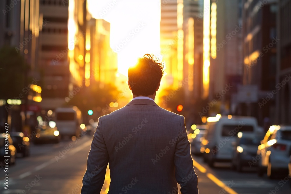 Back view of a businessman strolling down a busy street in a business district at sunset, wearing a gray suit, warm light, medium close-up, confident and reflective expression 3 Back view of a businessman strolling down a busy street in a business district at sunset, wearing a gray suit, warm light, medium close-up, confident and reflective expression 3