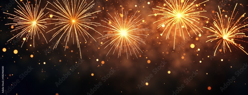 Fototapeta premium Golden fireworks explode against dark night sky. Bright sparklers create bokeh lights. Festive background for New Year Eve party banner, greeting card, and celebration events.