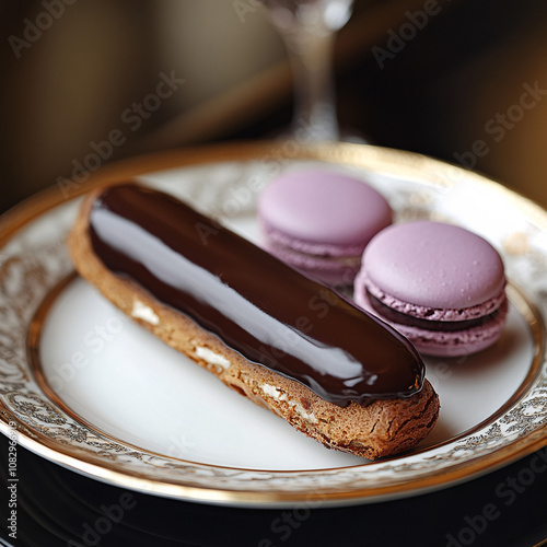 gourmet chocolate eclair and purple macarons on a gold trimmed plate photo