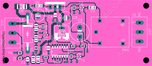 Vector printed circuit board of electronic 
device with components of radio elements, 
conductors and contact pads placed on pcb. 
Engineering computer cad technical drawing.