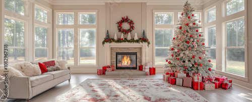 Elegant modern living room decorated for Christmas featuring a flocked white tree with red ornaments, lit fireplace, and wrapped presents in red and white theme against large windows.
