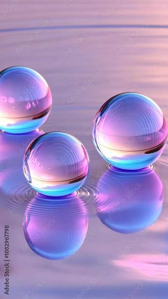 Three iridescent orbs rest on a purple surface, creating ripples in the water Three iridescent orbs rest on a purple surface, creating ripples in the water