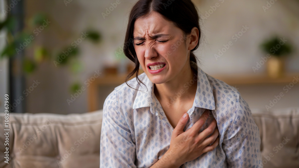 Young woman with heartburn. A young woman with a pained expression, clutching her chest. She has dark hair and is wearing a white shirt with a blue pattern. Young woman with heartburn. A young woman with a pained expression, clutching her chest. She has dark hair and is wearing a white shirt with a blue pattern.