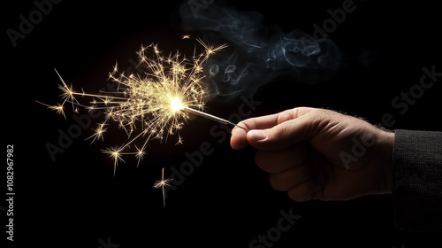 Hand holding sparkler firework firing in front of black background with copy space - concept of New Year Eve, Christmas, Wedding, Birthday, Anniversary or any other celebration. Copy space, 16:9