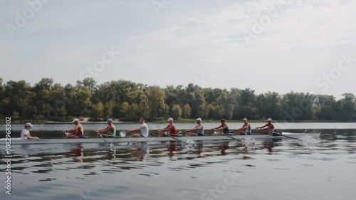 Rowing team training. Side view of 8 young caucasian male rowers, during a rowing practice, athlete sitting in a boat in the river Dnipro, rows through a calm water in autumn. 4k footage. City area in