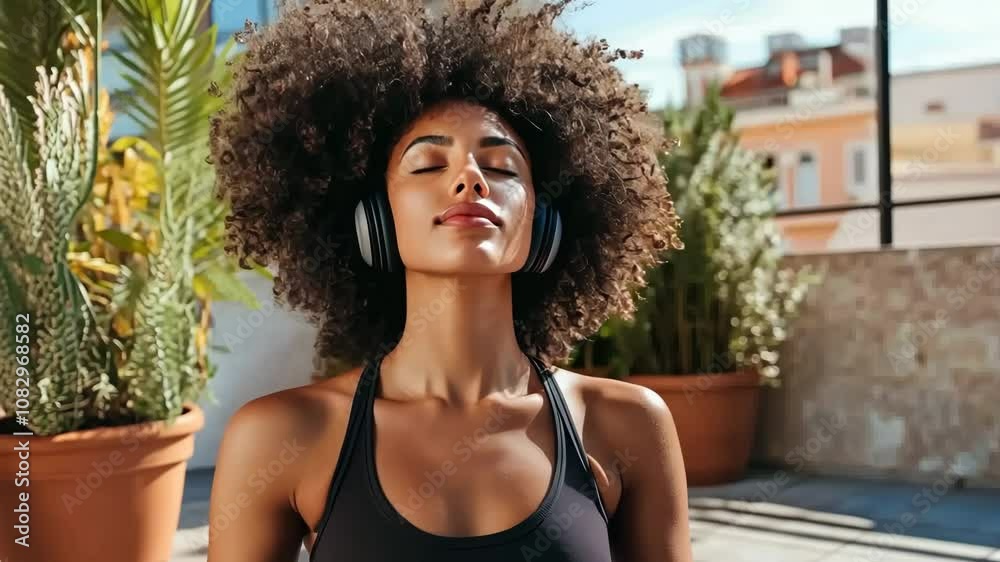 Relaxing rooftop meditation session in a vibrant city with soothing music on a sunny day Relaxing rooftop meditation session in a vibrant city with soothing music on a sunny day