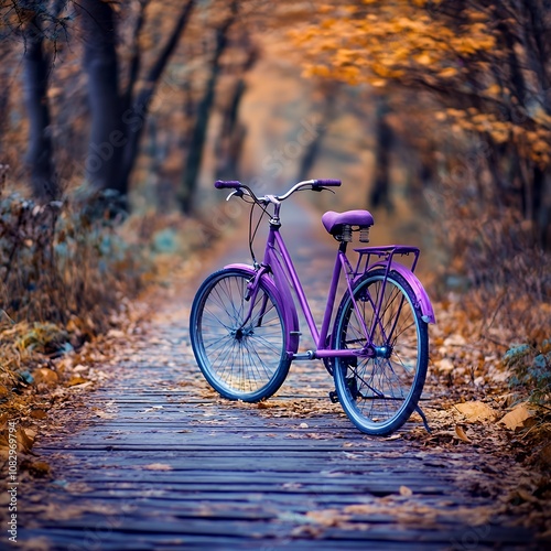 A purple bicycle stands on a wooden path in an autumn forest. photo