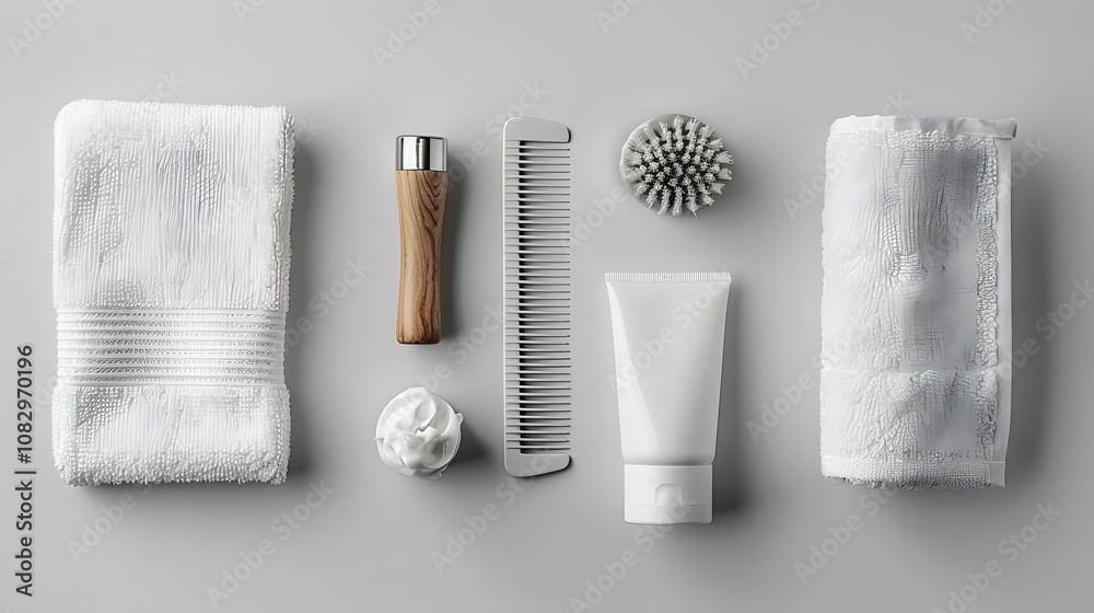 Naklejka premium Bath and Grooming Essentials Flatlay Featuring Towels, Comb, Brush, and Cream for Minimalist and Hygienic Concepts