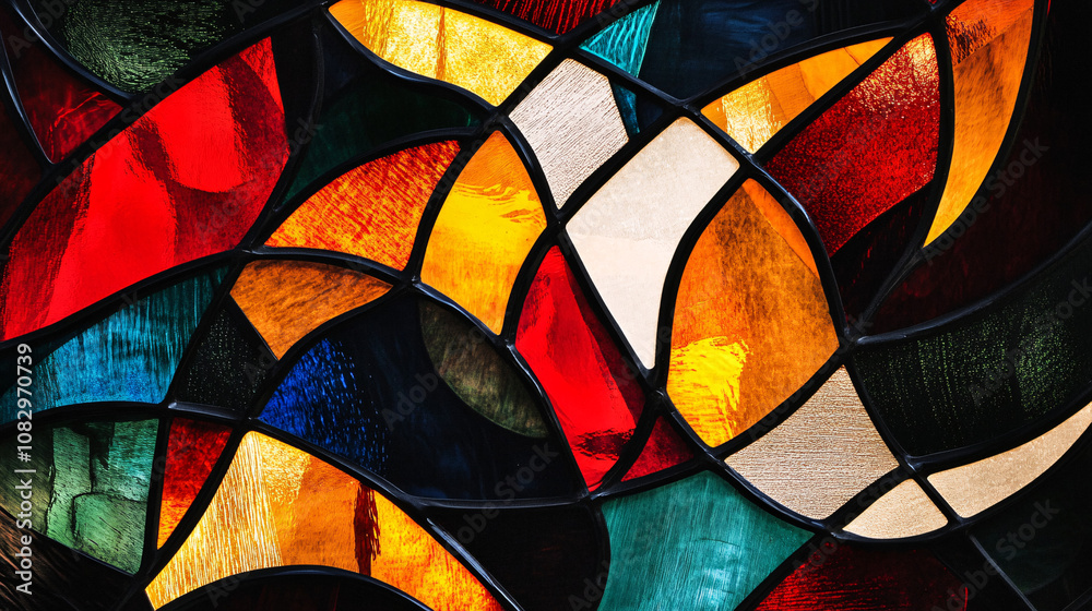 Fototapeta premium colorful stained glass window with red yellow and blue shapes abstract design artistic background pattern