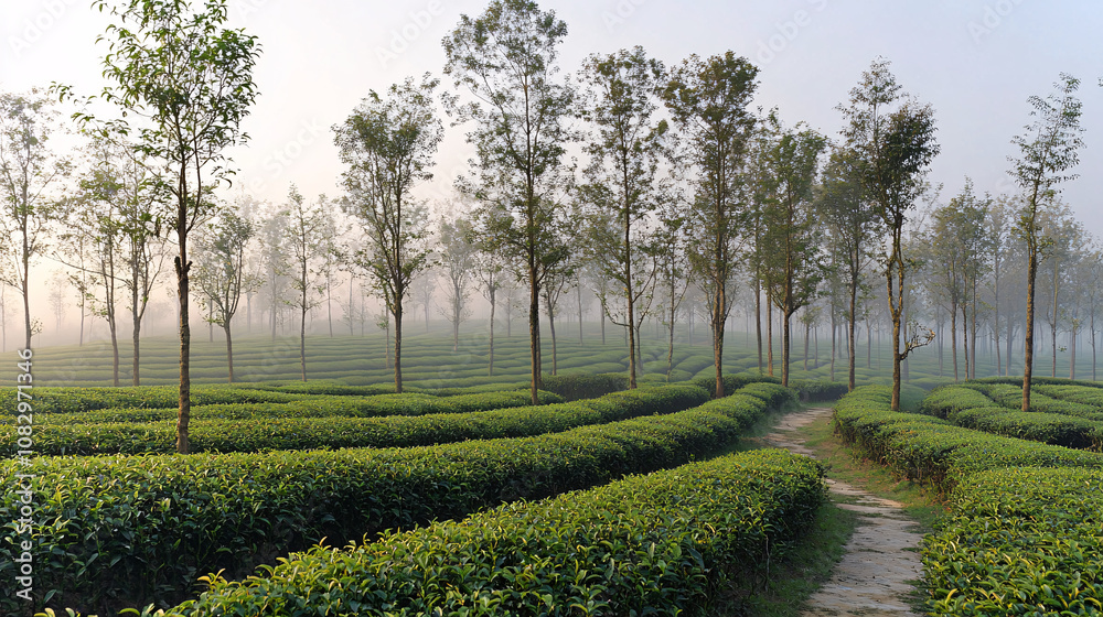 Obraz premium a serene morning mist in a green tea plantation with tall trees and a path through the fields