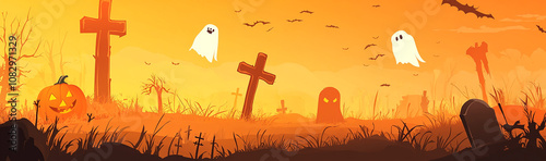 Halloween background with spooky graveyard, high contrast shadows, sunset, flying ghosts, black silhouette of pumpkins and bats.