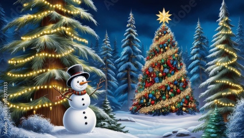 Merry christmas and happy new year greeting card with copy-space.Happy snowman standing in winter christmas landscape.Snow background