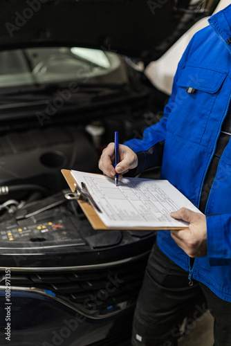 Принти на полотні Mechanic performing vehicle inspection in a garage while taking notes on a clipb